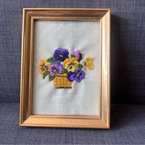 Handmade Framed Floral Embroidery Art pansy design in gold frame